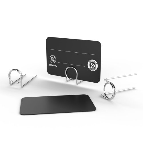 Black plastic price tags to write on with chalk markers. Variant with rounded corners and individual printing. Stainless steel stand and printing not included and can be ordered separately.