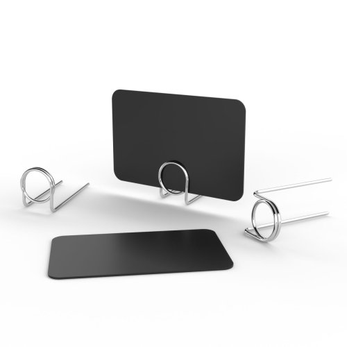 Black plastic price tags to write on with chalk markers. Version with rounded corners - R. Stainless steel stand is not included and can be ordered separately.